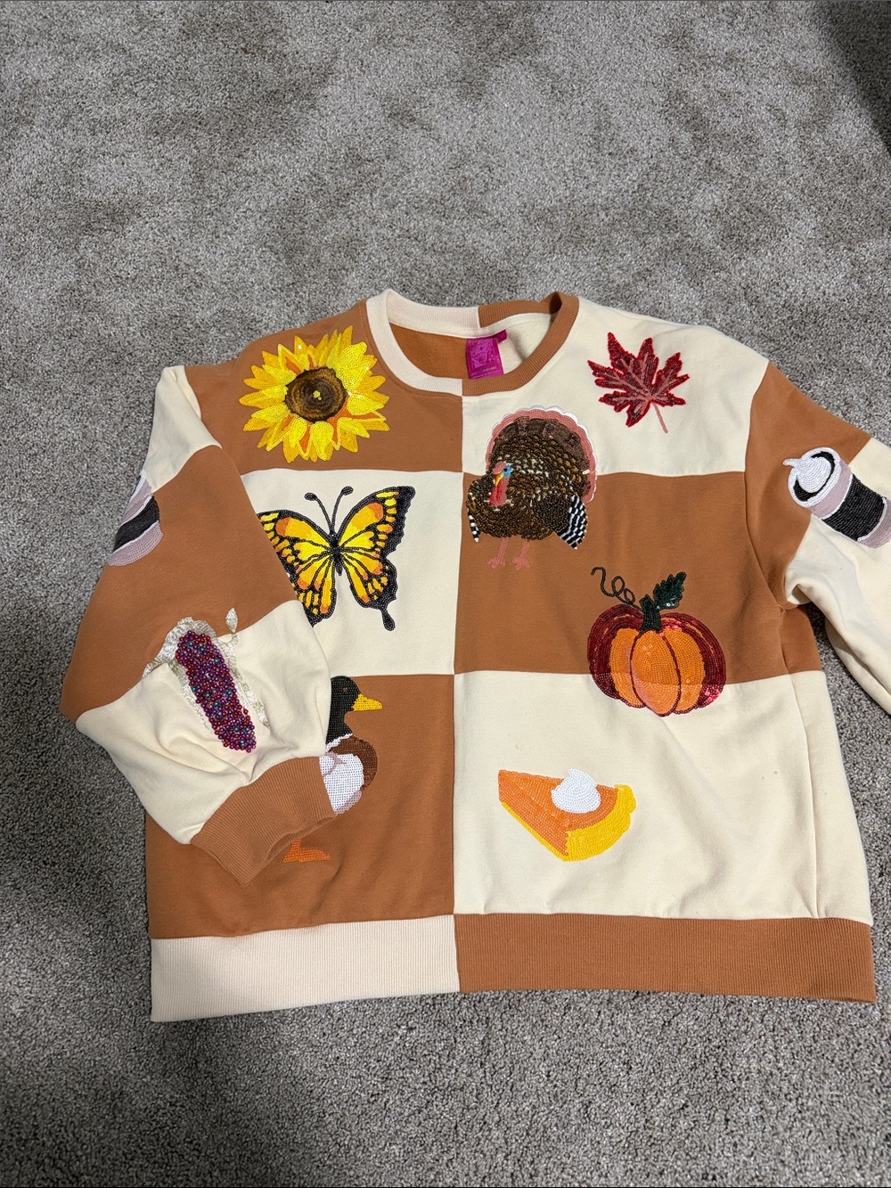 QUEEN OF SPARKLES Brown & Cream Patchwork Embroidered Sweatshirt